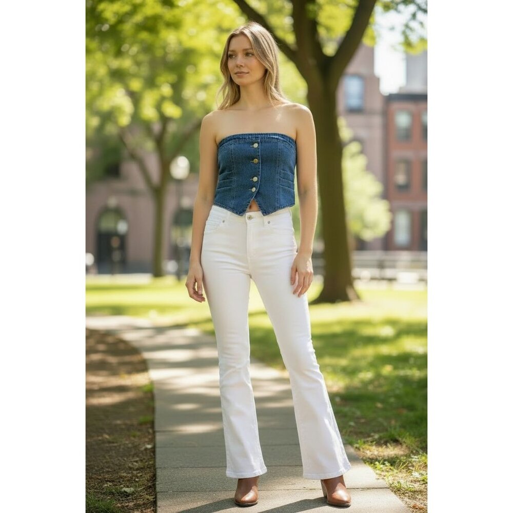 Y2K Denim Bustier Corset Crop Top Womens S-M Gold Button Minimalist Casual Chic